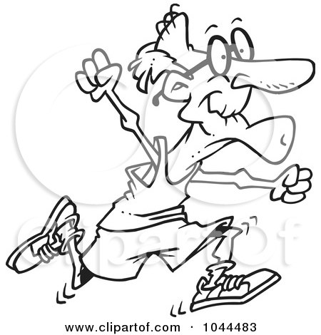 Royalty-Free (RF) Clip Art Illustration of a Cartoon Black And White Outline Design Of A Fit Senior Man Running by toonaday