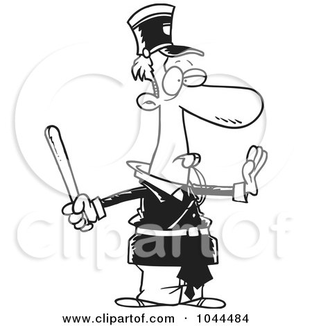 Royalty-Free (RF) Clip Art Illustration of a Cartoon Black And White Outline Design Of An Officer Gesturing To Stop And Whistling by toonaday