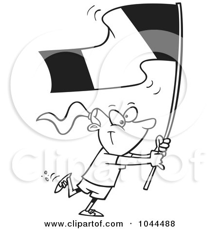 Royalty-Free (RF) Clip Art Illustration of a Cartoon Black And White Outline Design Of A Flag Bearer Girl Walking by toonaday