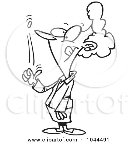 Royalty-Free (RF) Clip Art Illustration of a Cartoon Black And White Outline Design Of A Happy Businesswoman Flipping A Coin by toonaday