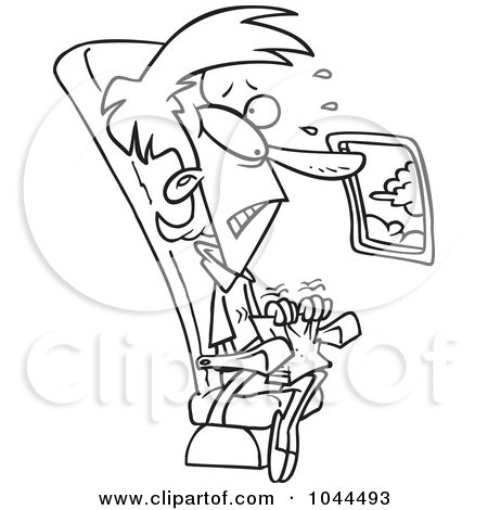 Royalty-Free (RF) Clip Art Illustration of a Cartoon Black And White Outline Design Of A Female Passenger With A Fear Of Flight by toonaday