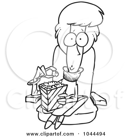 Royalty-Free (RF) Clip Art Illustration of a Cartoon Black And White Outline Design Of A Woman Eating Popcorn And Watching A Chick Flick by toonaday