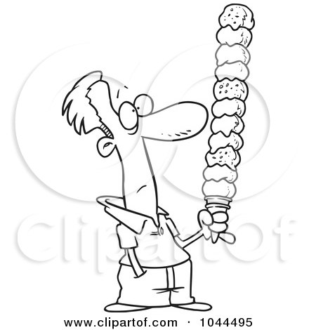 Royalty-Free (RF) Clip Art Illustration of a Cartoon Black And White Outline Design Of A Man Holding A Huge Ice Cream Cone by toonaday