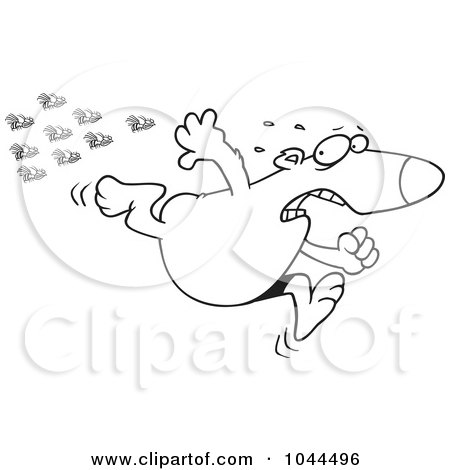 Royalty-Free (RF) Clip Art Illustration of a Cartoon Black And White Outline Design Of A Bear Fleeing From Bees by toonaday