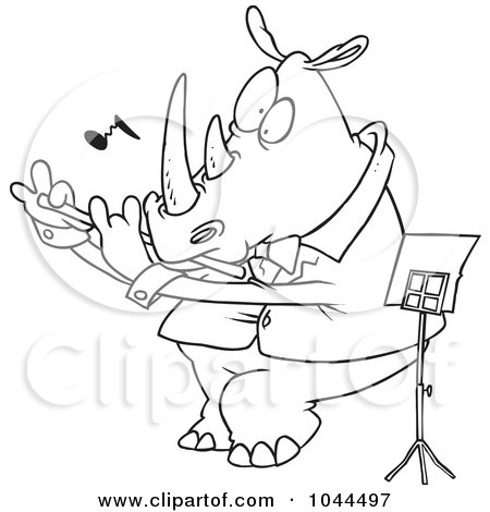 Royalty-Free (RF) Clip Art Illustration of a Cartoon Black And White Outline Design Of A Flautist Rhino by toonaday