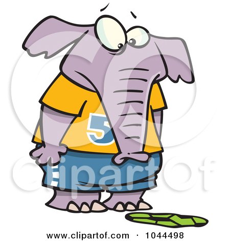 Royalty-Free (RF) Clip Art Illustration of a Cartoon Elephant Staring At A Flattened Soccer Ball by toonaday