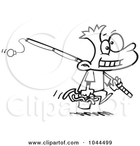 Royalty-Free (RF) Clip Art Illustration of a Cartoon Black And White Outline Design Of A Fishing Boy Carrying A Bucket Of Worms by toonaday