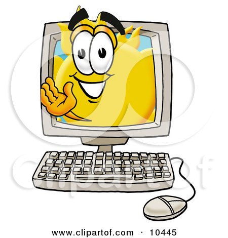 Clipart Picture of a Sun Mascot Cartoon Character Waving From Inside a Computer Screen by Mascot Junction