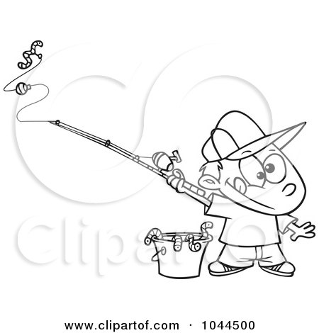 Cartoon Black And White Outline Design Of A Fishing Boy With A