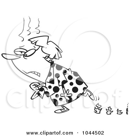 Royalty-Free (RF) Clip Art Illustration of a Cartoon Black And White Outline Design Of A Woman Experiencing Hot Flashes And Leaving Flame Steps by toonaday