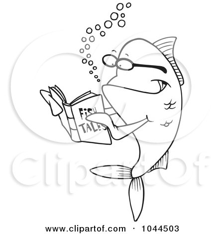 Royalty-Free (RF) Clip Art Illustration of a Cartoon Black And White Outline Design Of A Fish Reading A Story Book by toonaday