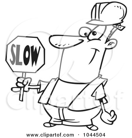 Royalty-Free (RF) Clip Art Illustration of a Cartoon Black And White Outline Design Of A Construction Worker Slowing Down Traffic by toonaday