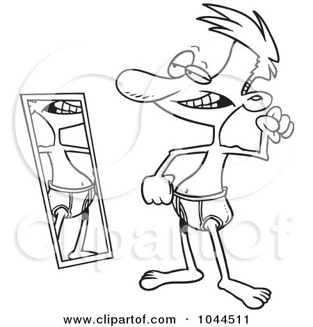 Royalty-Free (RF) Clip Art Illustration of a Cartoon Black And White Outline Design Of A Scrawny Man Flexing By A Mirror by toonaday