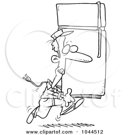 Royalty-Free (RF) Clip Art Illustration of a Cartoon Black And White Outline Design Of A Mover Carrying A Fridge by toonaday