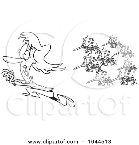 Royalty-Free (RF) Clip Art Illustration of a Cartoon Black And White Outline Design Of A Woman Running From A Swarm Of Mosquitoes by toonaday