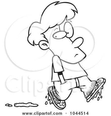 Royalty-Free (RF) Clip Art Illustration of a Cartoon Black And White Outline Design Of A Boy Leaving Muddy Footprints by toonaday