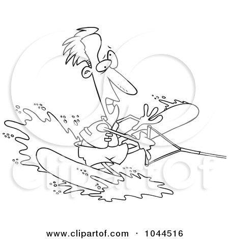 Royalty-Free (RF) Clip Art Illustration of a Cartoon Black And White Outline Design Of A Clumsy Man Water Skiing by toonaday