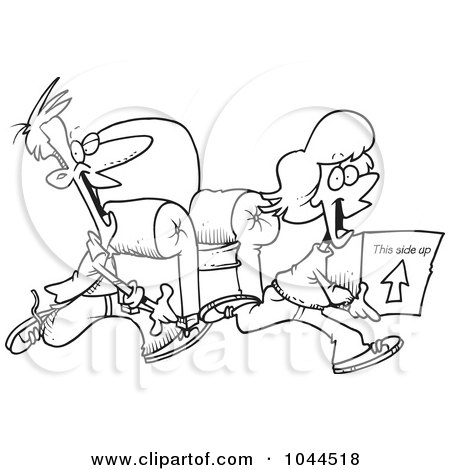 Royalty-Free (RF) Clip Art Illustration of a Cartoon Black And White Outline Design Of A Couple Moving by toonaday