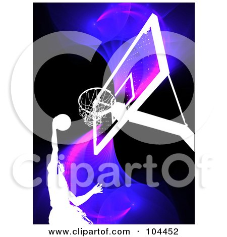 Royalty-Free (RF) Clipart Illustration of a Basketball Player Leaping Towards A Hoop Over A Blue Wave On Black by Arena Creative