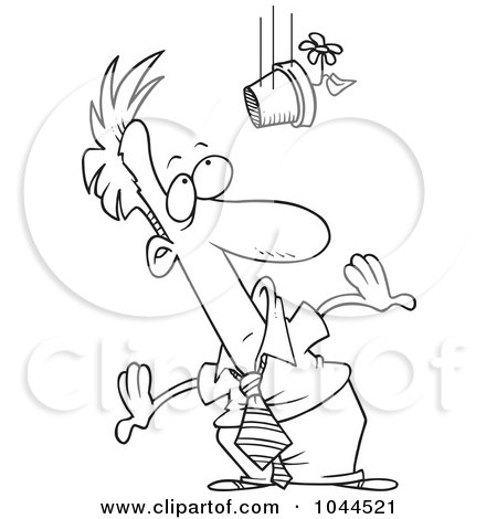 Royalty-Free (RF) Clip Art Illustration of a Cartoon Black And White Outline Design Of A Flower Pot Falling On A Businessman by toonaday