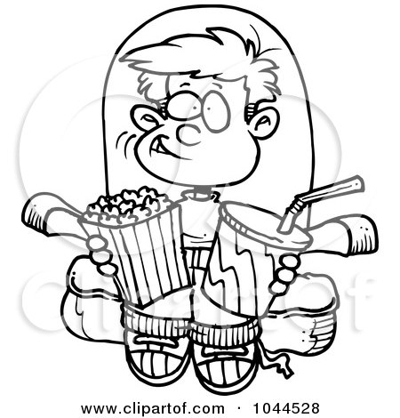 Royalty-Free (RF) Clip Art Illustration of a Cartoon Black And White Outline Design Of A Boy With Movie Snacks by toonaday