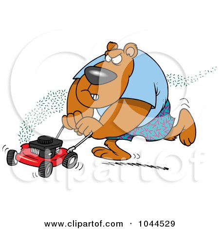 Royalty-Free (RF) Clip Art Illustration of a Cartoon Bear Mowing His Lawn by toonaday