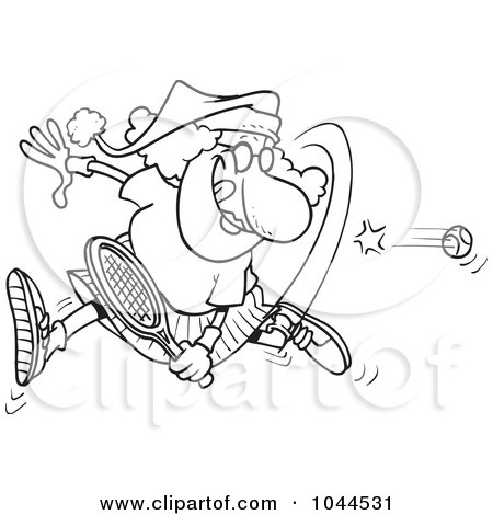 Royalty-Free (RF) Clip Art Illustration of a Cartoon Black And White Outline Design Of A Mrs Claus Playing Tennis by toonaday