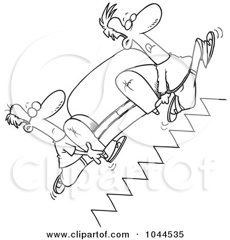 Royalty-Free (RF) Clip Art Illustration of a Cartoon Black And White Outline Design Of Movers Carrying A Sofa Up Stairs by toonaday
