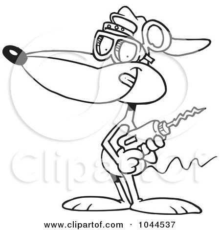 Royalty-Free (RF) Clip Art Illustration of a Cartoon Black And White Outline Design Of A Mouse Holding A Drill by toonaday