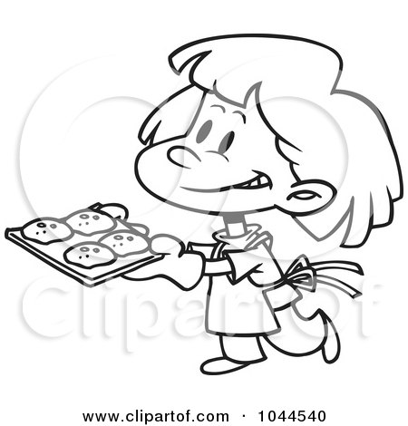 Royalty-Free (RF) Clip Art Illustration of a Cartoon Black And White Outline Design Of A Girl Baking Cookies by toonaday
