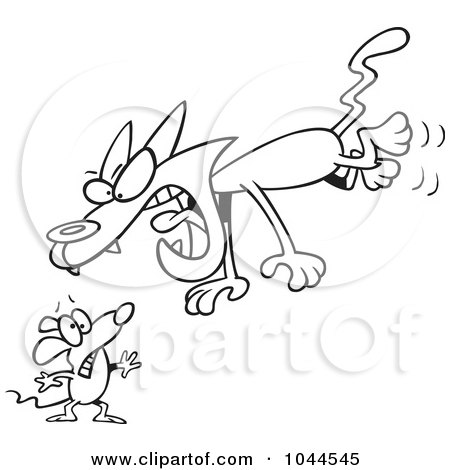 Royalty-Free (RF) Clip Art Illustration of a Cartoon Black And White Outline Design Of A Cat Attacking A Mouse by toonaday