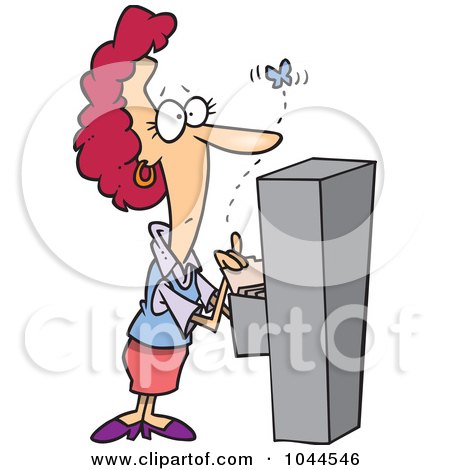 Royalty-Free (RF) Clip Art Illustration of a Cartoon Businesswoman Watching A Moth Emerge From A Filing Cabinet by toonaday