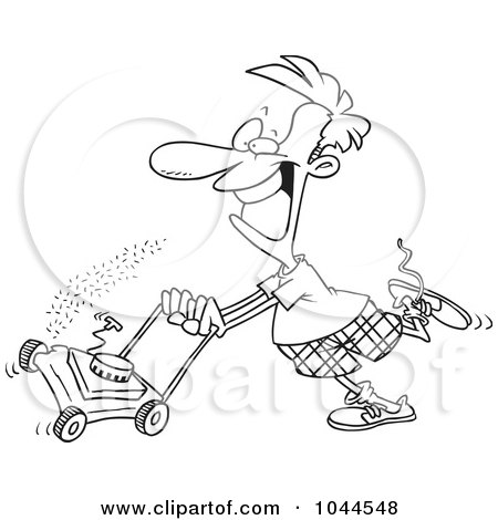 Royalty-Free (RF) Clip Art Illustration of a Cartoon Black And White Outline Design Of A Man Mowing His Lawn by toonaday