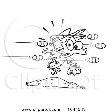 Royalty-Free (RF) Clip Art Illustration of a Cartoon Black And White Outline Design Of Baseballs Flying At A Little Boy by toonaday