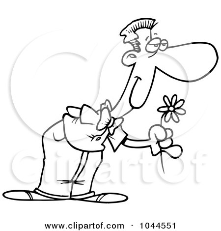 Royalty-Free (RF) Clip Art Illustration of a Cartoon Black And White Outline Design Of A Sweet Man Holding Out A Flower by toonaday