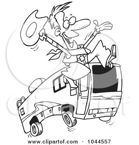 Royalty-Free (RF) Clip Art Illustration of a Cartoon Black And White Outline Design Of A Cowboy Leaping By A Motorhome by toonaday