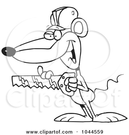 Royalty-Free (RF) Clip Art Illustration of a Cartoon Black And White Outline Design Of A Mouse Holding A Saw by toonaday