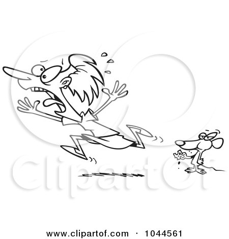 Royalty-Free (RF) Clip Art Illustration of a Cartoon Black And White Outline Design Of A Mouse Scaring A Woman by toonaday