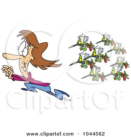 Royalty-Free (RF) Clip Art Illustration of a Cartoon Woman Running From A Swarm Of Mosquitoes by toonaday