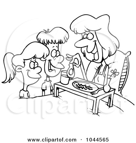 Royalty-Free (RF) Clip Art Illustration of a Cartoon Black And White Outline Design Of Children Serving Their Mom Breakfast In Bed by toonaday