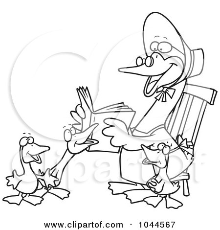Royalty-Free (RF) Clip Art Illustration of a Cartoon Black And White Outline Design Of A Mother Goose Reading To Goslings by toonaday