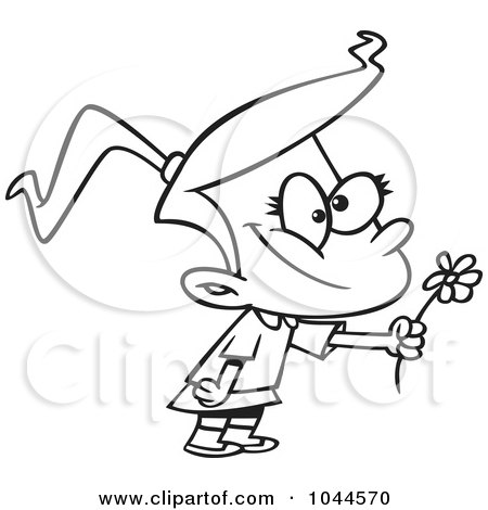 Royalty-Free (RF) Clip Art Illustration of a Cartoon Black And White Outline Design Of A Sweet Girl Giving A Daisy by toonaday