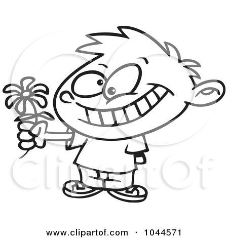 Royalty-Free (RF) Clip Art Illustration of a Cartoon Black And White Outline Design Of A Sweet Boy Giving A Daisy by toonaday