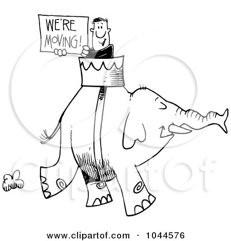 Royalty-Free (RF) Clip Art Illustration of a Cartoon Black And White Outline Design Of A Man Carrying A We're Moving Sign On An Elephant by toonaday