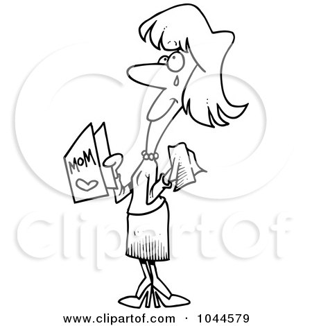 Royalty-Free (RF) Clip Art Illustration of a Cartoon Black And White Outline Design Of A Crying Mom Holding A Mothers Day Card by toonaday