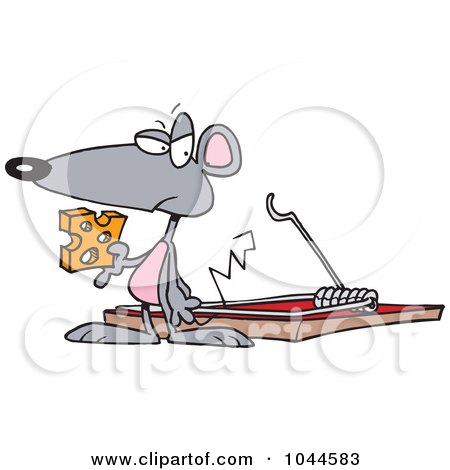 Royalty-Free (RF) Clip Art Illustration of a Cartoon Mouse Holding Cheese By A Trap by toonaday
