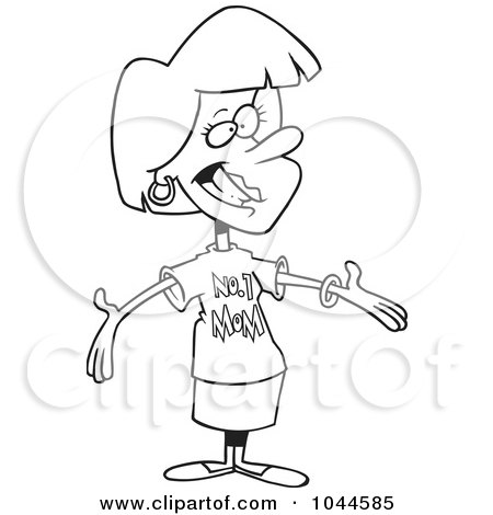 Royalty-Free (RF) Clip Art Illustration of a Cartoon Black And White Outline Design Of A Mother Wearing A Number One Mom Shirt by toonaday