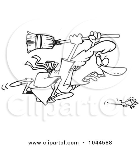 Royalty-Free (RF) Clip Art Illustration of a Cartoon Black And White Outline Design Of A Woman Chasing A Mouse by toonaday
