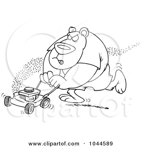 Royalty-Free (RF) Clip Art Illustration of a Cartoon Black And White Outline Design Of A Bear Mowing His Lawn by toonaday