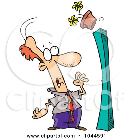 Royalty-Free (RF) Clip Art Illustration of a Cartoon Flower Pot Falling Over Onto A Businessman by toonaday
